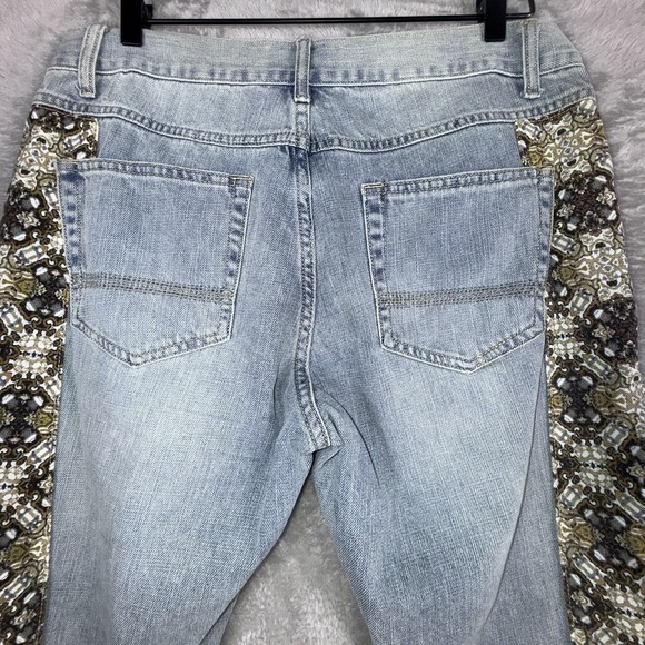 Sun Stone Jeans Womens 32 Light Blue Straight Leg Brown Patch Design Side Panel - Picture 6 of 14